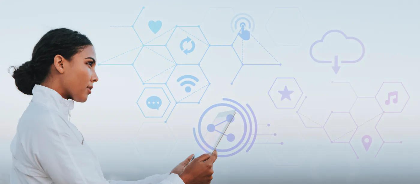 Professional interacting with connected enterprise technology systems